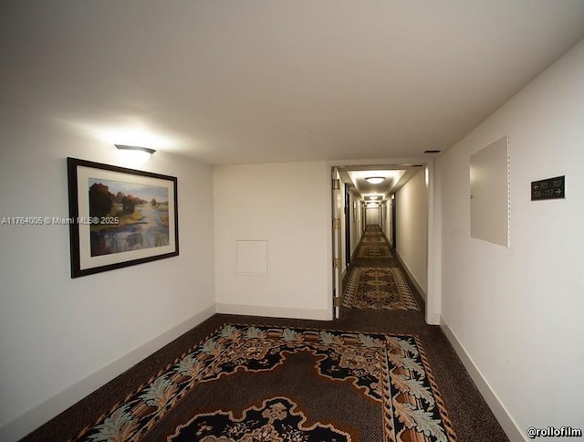 hall with baseboards and carpet floors