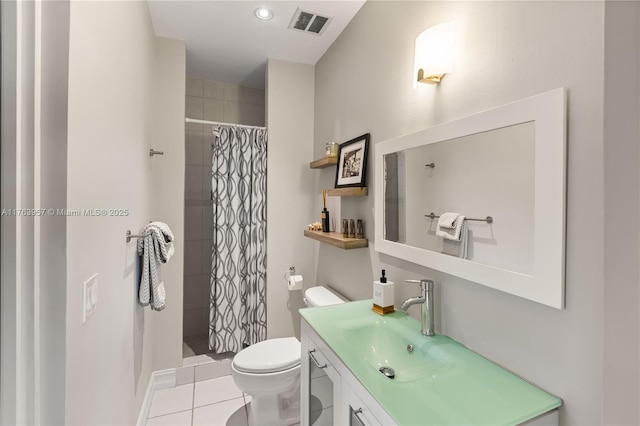 full bath featuring tile patterned floors, visible vents, toilet, and a shower stall