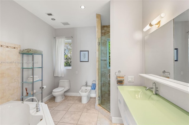 full bath with tile patterned flooring, visible vents, toilet, a bidet, and a stall shower