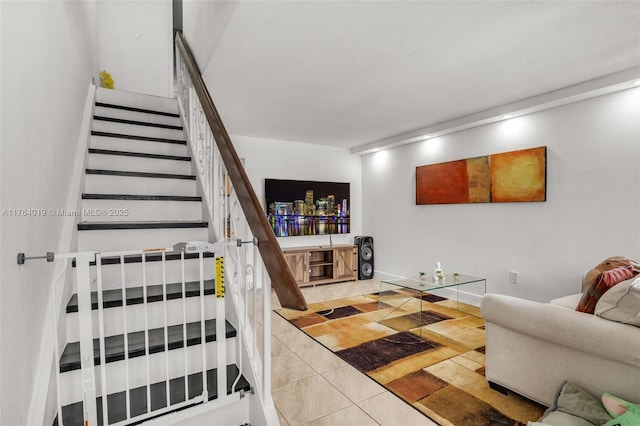 tiled living room with stairs