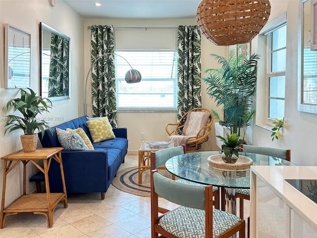 living room with light tile patterned flooring