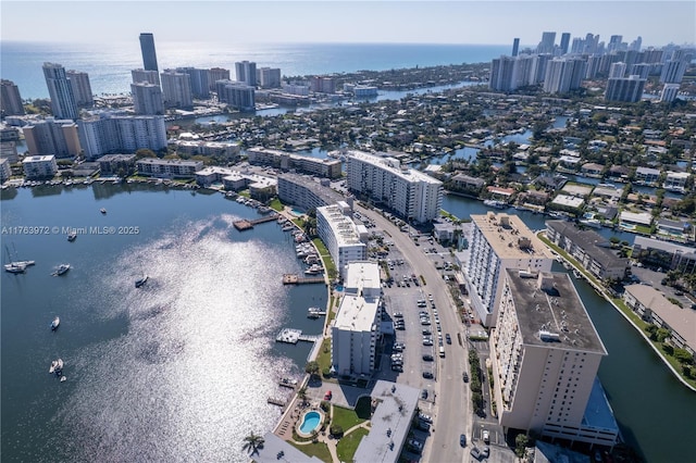 drone / aerial view with a water view and a city view