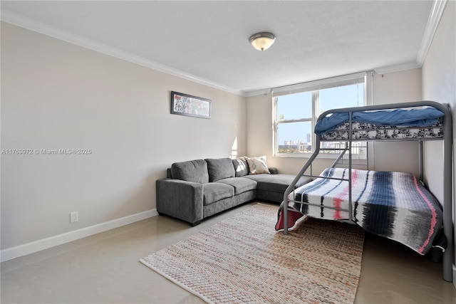 bedroom with crown molding, concrete floors, and baseboards