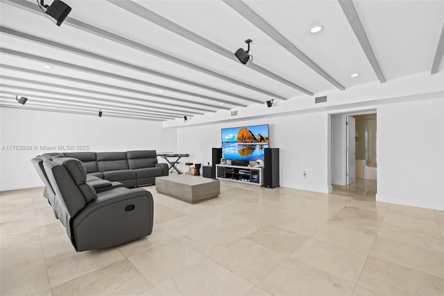 living room featuring beamed ceiling, light tile patterned floors, recessed lighting, and visible vents