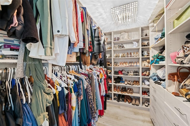 spacious closet featuring a notable chandelier and wood finished floors