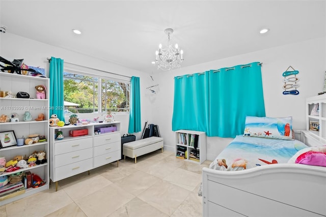 bedroom with recessed lighting and a chandelier