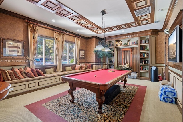 rec room featuring visible vents, carpet flooring, ornamental molding, and billiards