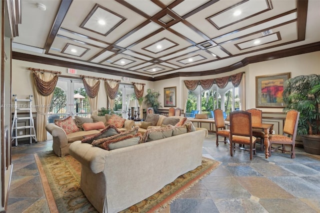 living room featuring stone tile floors, coffered ceiling, crown molding, and french doors