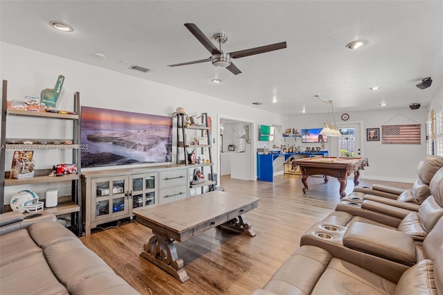 living room with visible vents, a ceiling fan, wood finished floors, recessed lighting, and pool table