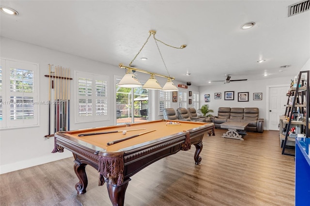 game room featuring visible vents, recessed lighting, wood finished floors, billiards, and a ceiling fan