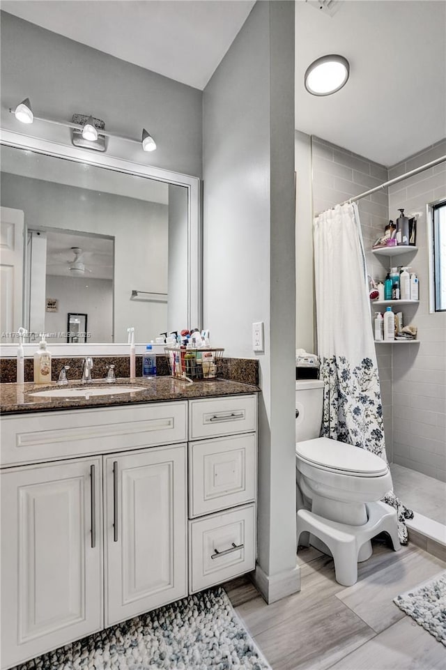 bathroom with vanity, toilet, and a tile shower