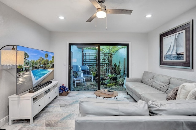 living area featuring recessed lighting and a ceiling fan