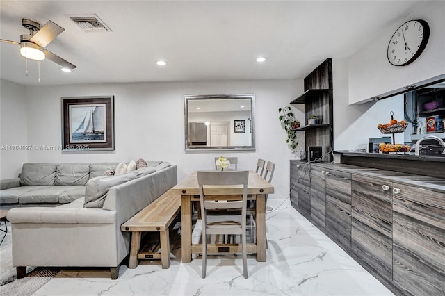 dining room featuring recessed lighting, visible vents, marble finish floor, and a ceiling fan