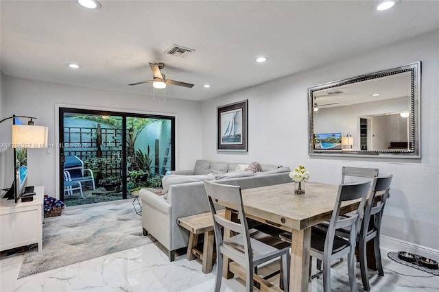 dining area with visible vents, recessed lighting, and marble finish floor