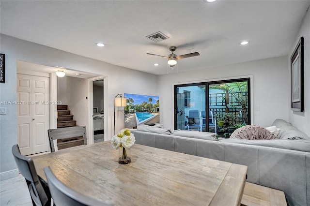 dining area with stairs, recessed lighting, visible vents, and ceiling fan