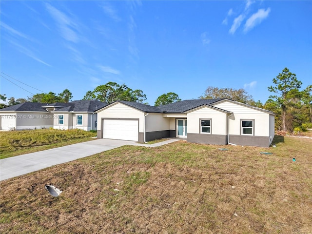 single story home with a front lawn, an attached garage, driveway, and stucco siding