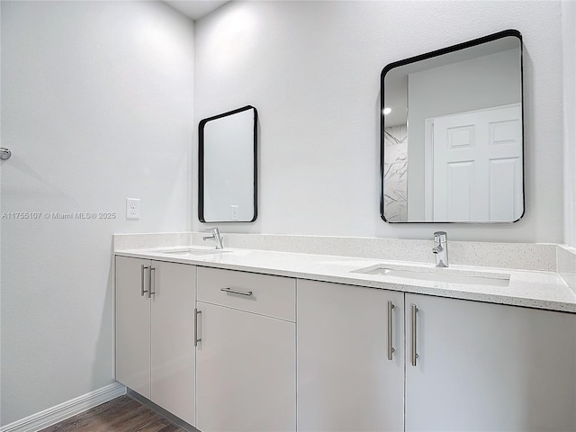 bathroom with double vanity, wood finished floors, baseboards, and a sink