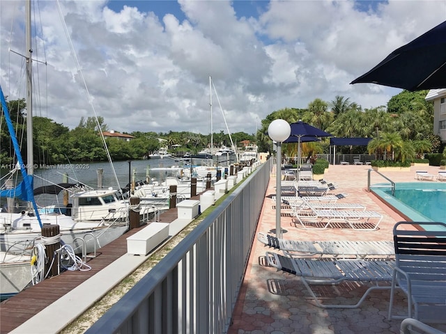 exterior space featuring a community pool and a water view