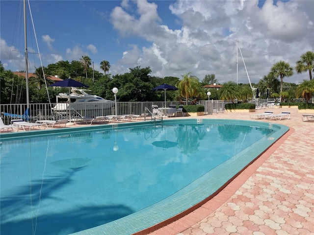 view of pool featuring a patio area and fence