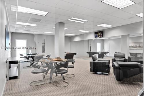 interior space featuring a drop ceiling, visible vents, billiards, and carpet flooring