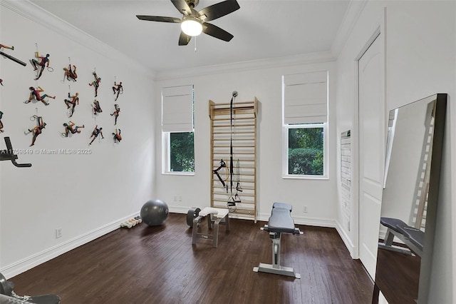 exercise area featuring baseboards, a ceiling fan, wood finished floors, and crown molding