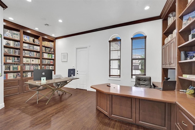 office featuring dark wood-type flooring, recessed lighting, visible vents, and ornamental molding