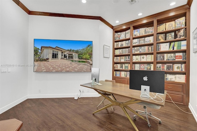 office area with recessed lighting, ornamental molding, baseboards, and wood finished floors