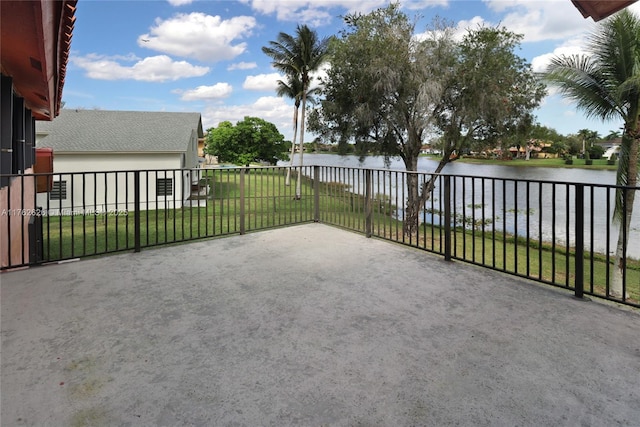 view of patio featuring a water view