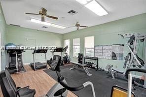 workout area with wood finished floors, visible vents, and ceiling fan