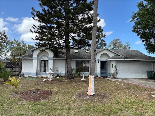 ranch-style house with concrete driveway, an attached garage, roof with shingles, and stucco siding