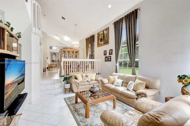 living area featuring vaulted ceiling, light tile patterned flooring, recessed lighting, and visible vents