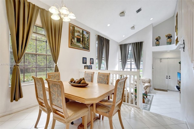 dining room featuring an inviting chandelier, light tile patterned floors, recessed lighting, and visible vents