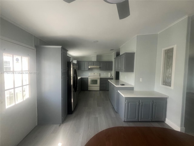 kitchen with gray cabinetry, ventilation hood, freestanding refrigerator, light wood-style floors, and white electric range