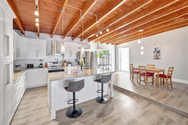 kitchen featuring stainless steel appliances, wood ceiling, wall chimney exhaust hood, backsplash, and a center island