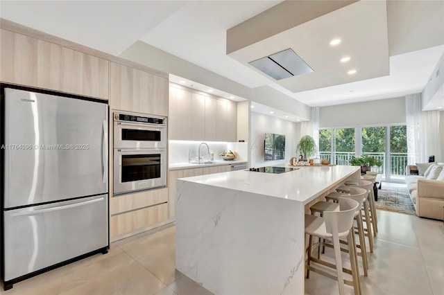 kitchen with a kitchen bar, modern cabinets, a sink, open floor plan, and appliances with stainless steel finishes