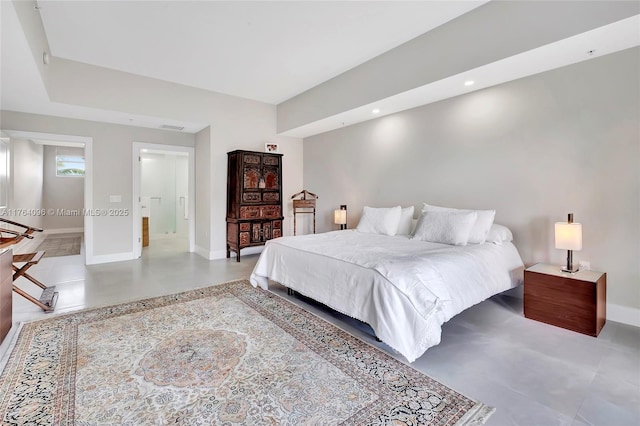 bedroom with visible vents, recessed lighting, baseboards, and finished concrete floors