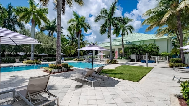 community pool with a patio and fence