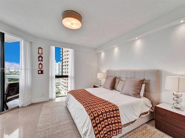 bedroom featuring light tile patterned floors, recessed lighting, baseboards, and access to outside