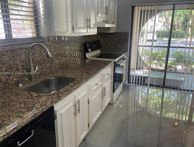 kitchen with a sink, white cabinets, black dishwasher, under cabinet range hood, and range with electric stovetop