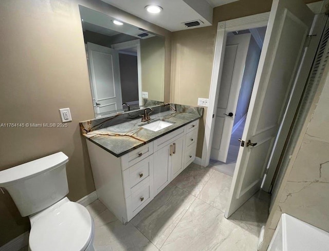 bathroom with visible vents, toilet, marble finish floor, baseboards, and vanity