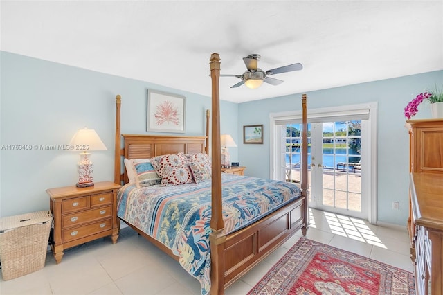 bedroom featuring access to exterior, light tile patterned floors, french doors, and ceiling fan