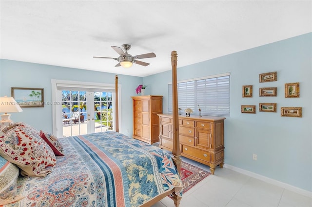 bedroom with a ceiling fan, baseboards, light tile patterned flooring, french doors, and access to outside