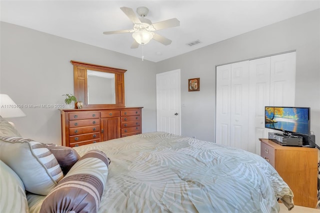 bedroom featuring a closet, visible vents, and ceiling fan