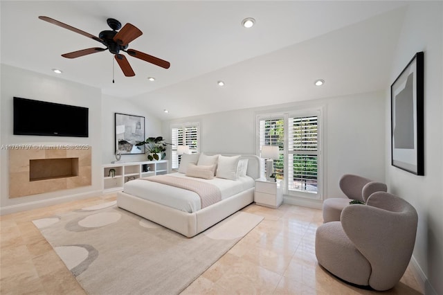 bedroom featuring baseboards, vaulted ceiling, recessed lighting, a fireplace, and a ceiling fan