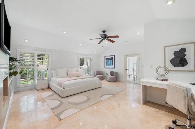 bedroom with vaulted ceiling, recessed lighting, marble finish floor, and ceiling fan