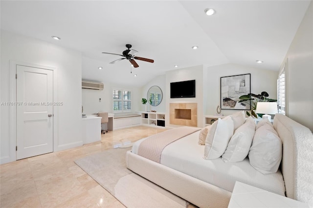 bedroom with lofted ceiling, recessed lighting, and a wall mounted AC