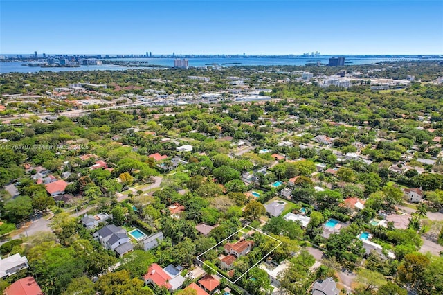 aerial view with a city view and a water view