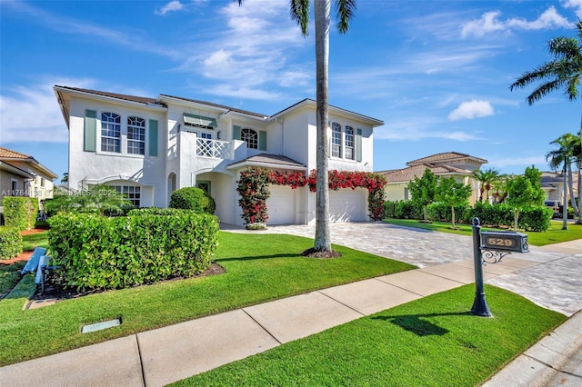 view of front of home with a front yard, a balcony, stucco siding, a garage, and decorative driveway