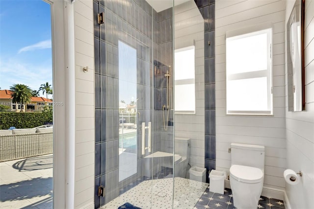 bathroom featuring toilet and a shower stall