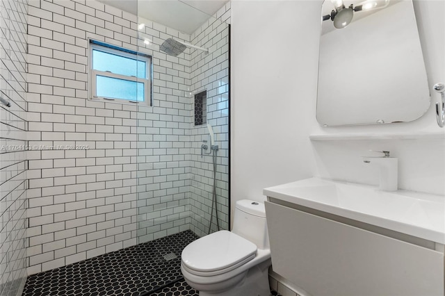 full bathroom featuring vanity, toilet, and a shower stall